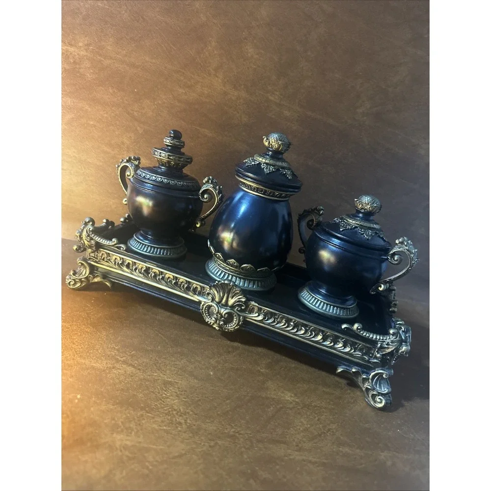 Hollywood Regency Resin Inkwell & Urn Vanity Tray 4pc Set Black Gold Decor